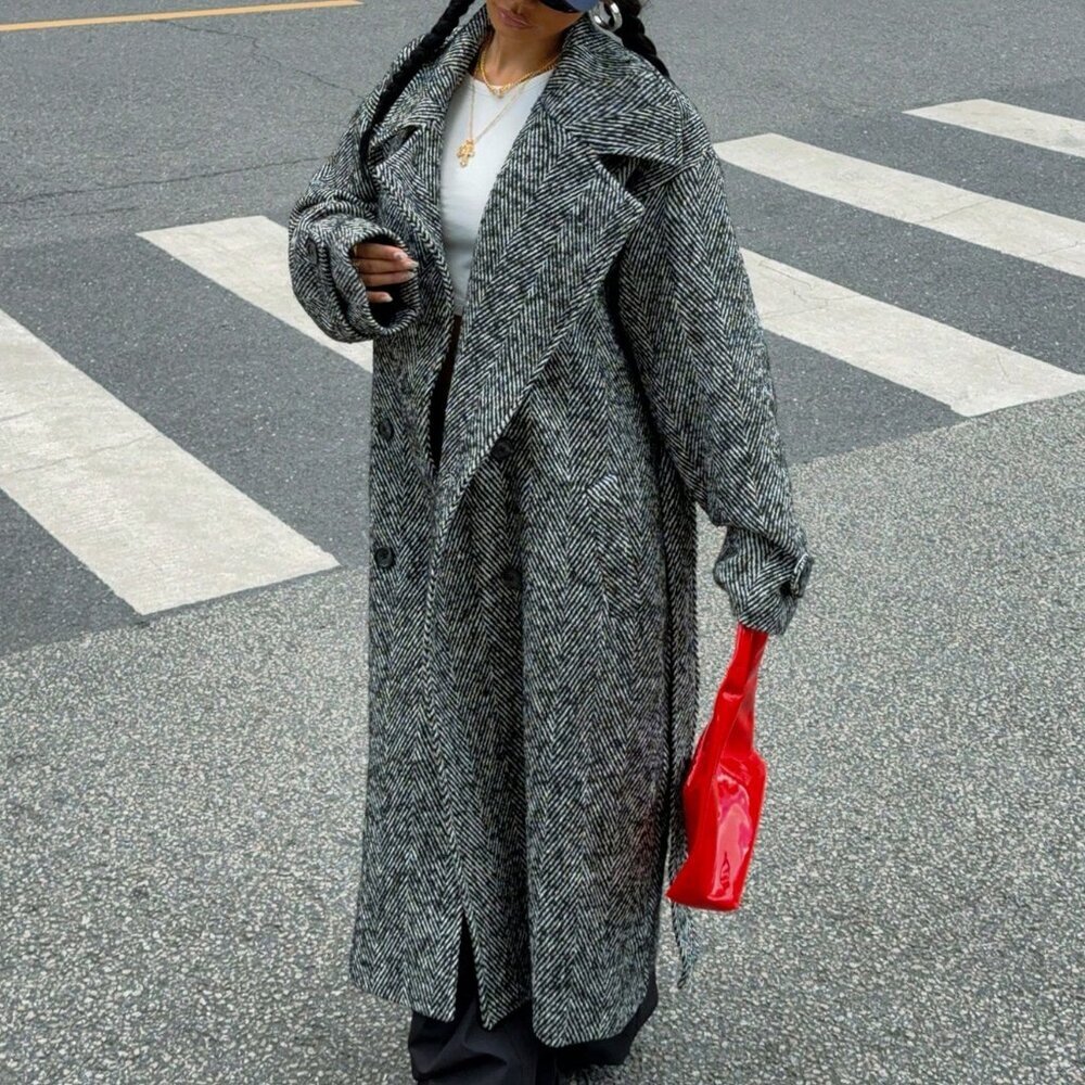 Black & White Women's Herringbone Double-Breasted Belted Longline Coat